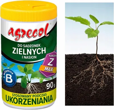 A product container for plant fertilizer next to an illustration of a plant seedling with its roots.