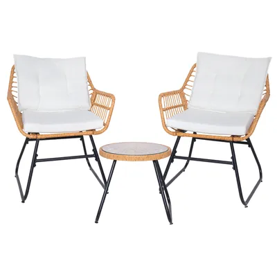 A rattan furniture set with two chairs and a small table, presented against a white background.