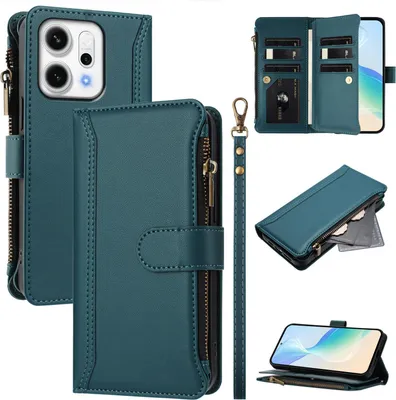 Immagine prodotto di Custodia per Oppo Reno14, con cerniera, portafoglio Custodia flip in Finto cuoio con tasche per carte, supporto e passante per mano verde