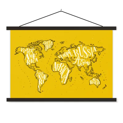 Obrázok produktu pre MuchoWow® Textilný plagát - Mapa sveta - žltá - biela - jednoduchá - 90x60cm - S čiernymi lamelami