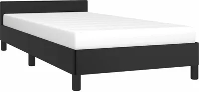 A black bed frame with a white mattress is shown against a white background.