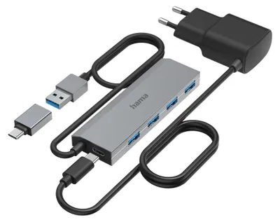 Image de Hub USB, 4 ports, USB 3.2 Gen1, 5 Gbit/s, adaptateur USB-C et adaptateur secteur inclus (00200138)