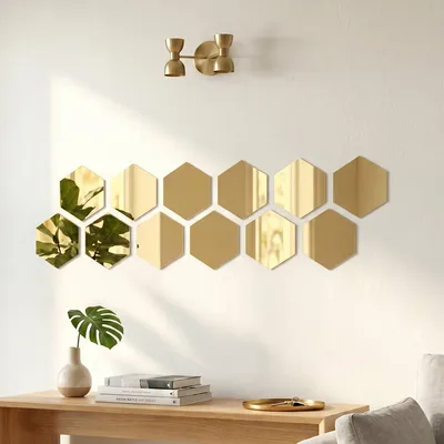 Produktbild von 12 goldene sechseckige Spiegelaufkleber – 20 x 17 cm – Selbstklebende Aufkleber mit Spiegeleffekt
