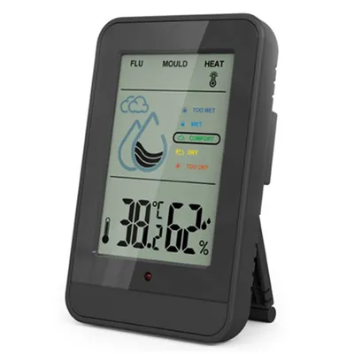 Produktbild von Raumklimastation mit Warnfunktion, Temperatur- und Feuchtigkeitsanzeige, Schimmelwarner, Standfuß und Magnethalterung