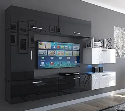 Produktbild von Furnitech Wohnwand Wohnzimmer - Wohnzimmer Möbel mit LED Blau - Hängend Wohnwand Modern - Regale und TV Schrank (Future C10/HG/BW4 1B)