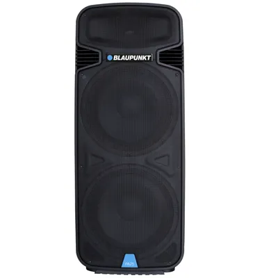 A black Blaupunkt PA25 portable speaker with two large speaker cones and a smaller speaker at the top, set against a white background.