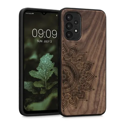Produktbild von kwmobile Hülle kompatibel mit Samsung Galaxy A13 4G Hülle - Holz Case - Handy Cover - TPU Handyhülle in Dunkelbraun Aufgehende Sonne
