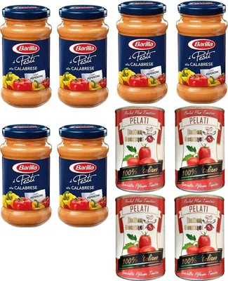 Produktbild von 6x Barilla Pesti alla Calabrese pesto mit paprika und ricotta-käse 190g + Italian Gourmet 100% italienische geschälte Tomaten dosen 4x 400g