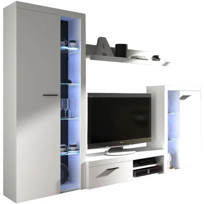 Produktbild von Wohnwand RODOS Set, weiß, mit hoher Vitrine, TV Lowboard und Wandregal