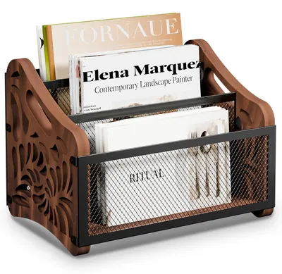 Produktbild von Zeitschriftenhalter Zeitungsständer Zeitungsablage - 4 Fächer - Holz und Metall - 30 x 21,5 x 21,5 cm