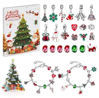 Obrázok produktu pre Vianočný kalendár Schmuck, 24 dní, červeno-zelený, s 2 náramkami, 13 príveskami, 9 doplnkami a 3D kartičkou
