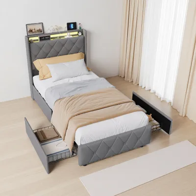 Produktbild von ProximaX Polsterbett 90x200cm Grau Samt, RGB-LED-Beleuchtung & Ladestation, Bett mit 2 Schubladen
