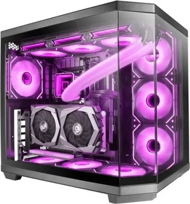 A computer case with internal components and RGB lighting.