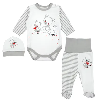 Immagine prodotto di Set di abbigliamento TupTam per neonati (maschietti e femminucce): body a maniche lunghe, pantaloni e berretto con stampa e frase, 3 pezzi, colore: righe grigie / orsetto e cuore, taglia: 50