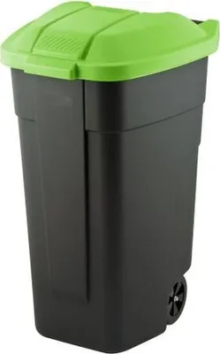 A black and green trash can with wheels is shown against a white background.