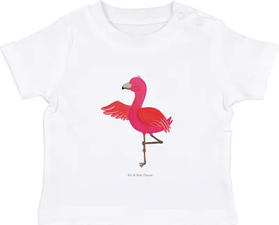 Produktbild von Mr. & Mrs. Panda  T-Shirt Flamingo Yoga 0. - 6. Monat - Weiß - Geschenk, Achtsamkeit, Urlaub, Babyshirt, Öko Baby, Organic, Shirt, Yogi, Vogel, Kinder