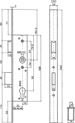 Productafbeelding van Insteekslot voor deurkozijn, model PZ 24/40/92/10 mm, geschikt voor DIN-linkshandige en -rechterhandige deuren, roestvrij staal, vergrendelingsafstand 22 mm, totale lengte 340 mm