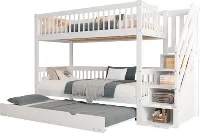 Produktbild von Etagenbett 90x200cm (Ohne Matratze) Weiss Kiefer Holz Mit Rollbett Leiter Schrank Mit Fallschutzgitter