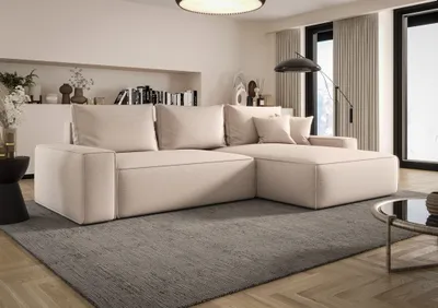 Produktbild von Ecksofa Schlafsofa Sofa WALKEN Stoff Aragon Creme Ottomane Rechts