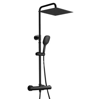 A black shower system with a rain shower head and a handheld shower head, mounted on a vertical pole with a thermostat control at the bottom.