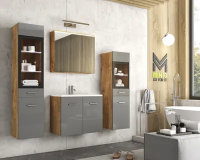 Produktbild von MINIO Badmöbel-Set "MARIT II" Badezimmermöbel mit Waschbecken, mit LED-Beleuchtung –  Kastanien Breslau / Grau Hochglanz