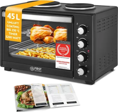 Produktbild von TZS First Austria - Mini Backofen mit Kochplatten 45L 3200W - Premium-X Coating - Temperaturregelung bis 230°C - 3 Einschubhöhen