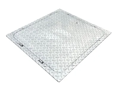 A silver diamond plate manhole cover is shown from a slightly elevated angle against a white background.
