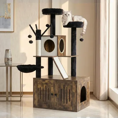 Produktbild von FCH Katzenbaum mit Katzenklo Schrank, 135 cm hoch, mit Liegemulde, Kratz Stämmen, Plüschbälle, dunkelbraun