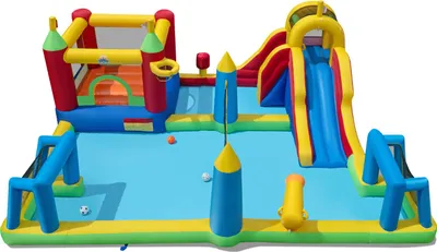 Produktbild von COSTWAY Hüpfburg für Kinder mit Wasserrutsche, Planschbecken, Kletterwand, Basketballkorb, Sprungbereich, Volleyballnetz & Fußballtoren 500x410x190cm