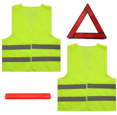 Image de Kit de sécurité automobile en 3 pièces : triangle de signalisation et 2 gilets de sécurité réfléchissants à 360°, pliables, avec étui
