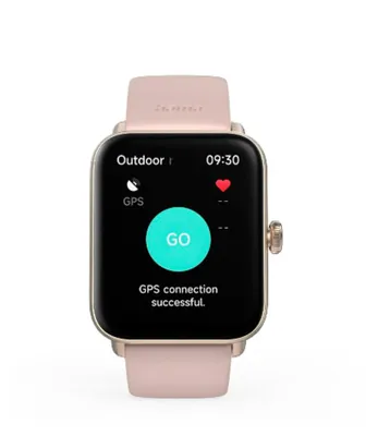 A smartwatch with a pink band and gold casing is displayed against a white background. The watch face shows an outdoor activity screen with GPS connection successful.