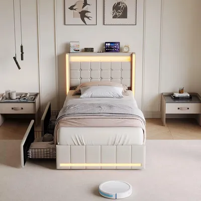 Productafbeelding van Gestoffeerd bed - Enkel bed - 90 x 200 cm - 2 lades - LED-verlichting - Lattenbodem - Beige - Zonder matras