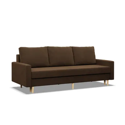 A brown three-seater sofa with a modern design, presented on a white background.