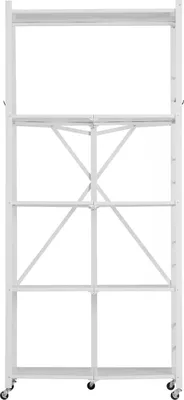 Image de SucceBuy Étagère pliable à 5 niveaux avec roulettes, 30x61x183 cm, étagère pliable pour charges lourdes, étagère sur pied sans montage, étagère ménagère polyvalente en métal pour garage, cuisine, cave, blanc