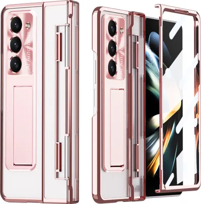Produktbild von Hülle für Samsung Galaxy Z Fold 5 mit Displayschutz & Objektivschutz Transparent Galvanisierte Ständer Schutzhülle Roségold