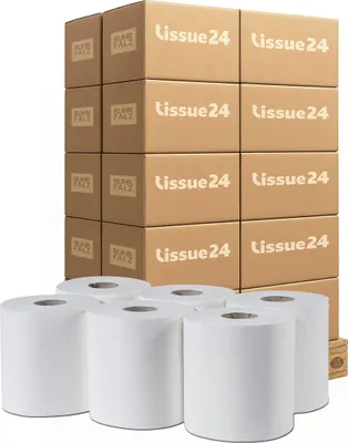 Produktbild von Tissue24 Handtuchrollen 2-lagig Zellstoff 112,5 m – Innenauszug, perforiert, 450 Blatt, 240 Rollen, Palettenangebot