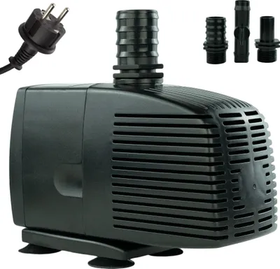 A black water pump with its accessories and power cord is displayed against a white background.