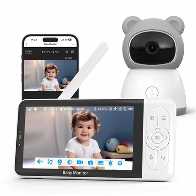 Produktbild von Tuya 5" HD Babyphone mit Kamera, WLAN, PTZ, Nachtsicht, 2-Wege-Audio, Bewegungserkennung, App Steuerung, EU Stecker