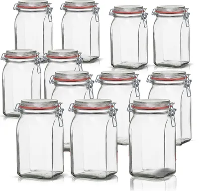 Produktbild von BigDean Vorratsgläser 1,1L - Einmachgläser mit Deckel & Bügelverschluss - Drahtbügelgläser eckig : 1100 ml : 12 Stück