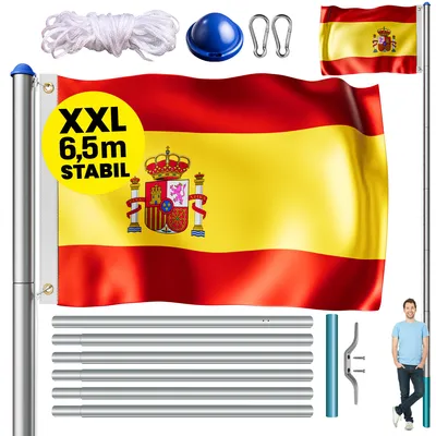 Produktbild von MONZANA® Fahnenmast 6,5m Seilzug Bodenhülse inkl. Spanien Flagge Spanische Nationalflagge Fahne höhenverstellbar Flaggenmast Aluminium Teleskop Fahnenstange