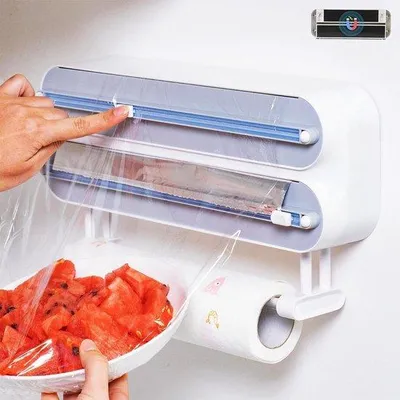Zdjęcie produktu dla Uchwyt na rolkę kuchennej folii, 3-komorowy, z nożem, magnetyczny, aluminiowy, biały