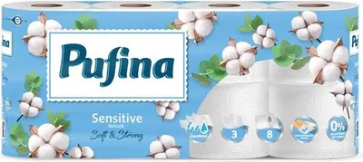 Produktbild von Toilettenpapier "Sensitive Aquabond", ohne Parfüm, 3-lagig, 8 Rollen, PUFINA PP20807