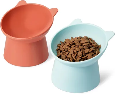 Immagine prodotto di Ciotole per gatti - 2 pezzi - a forma di orecchie di gatto - inclinate - 13,2 x 13,2 x 11,4 cm - arancione e blu