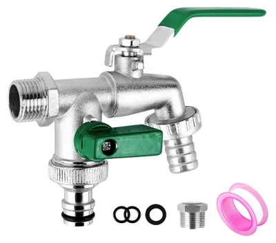 Produktbild von Garten Wasserhahn mit Doppel-Auslauf, 1/2 Zoll und 3/4 Zoll, aus Messing mit 2 Schlauchanschlüssen und Dichtband, für Garten und Waschmaschine