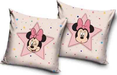 Two square pillows with Minnie Mouse designs are shown against a light, speckled background.