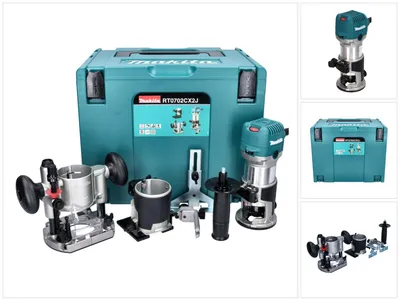 Obrázek produktu pro Makita RT 0702 CX2J Multifunkční frézka 710 W 6/8 mm + modul frézky + modul frézky na hrany + modul úhlové frézky + Makpac