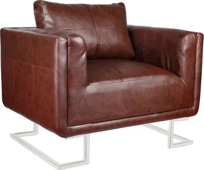 A brown leather armchair with chrome legs, shown from a three-quarter angle against a white background.
