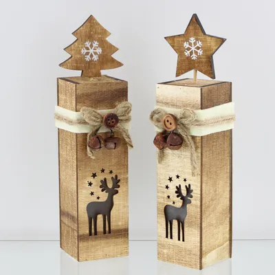Two wooden Christmas decorations with reindeer cutouts and festive embellishments.
