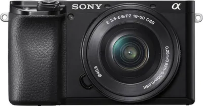 A front view of a black Sony Alpha mirrorless camera with a lens attached.