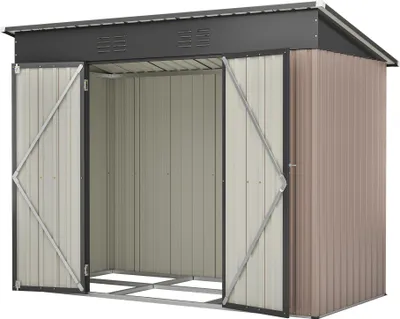 A metal garden shed with double doors open, showing the interior.